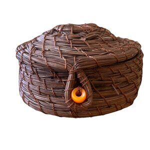 Vintage Pine Needle Coiled Basket With Lid 4x2.5 Inch Excellent Condition